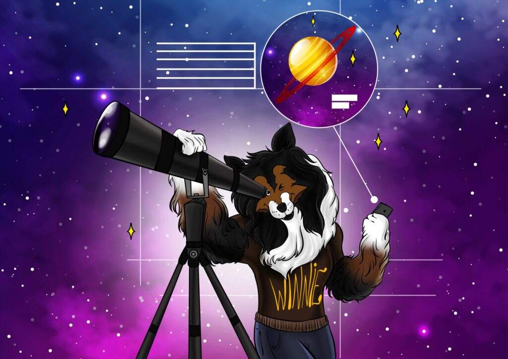 A Winnie está observando o planeta Saturno através de um telescópio. Essa foto está ilustrando o post para quem escolheu como hobby a astronomia.