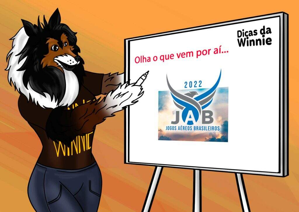 Dicas da Winnie sobre o primeiro Jogos Aéreos Brasileiros - Nesta arte a Winnie está em pé ao lado de um flipchart, escrevendo "Olha o que vem por aí..." e abaixo está o Logo do evento.