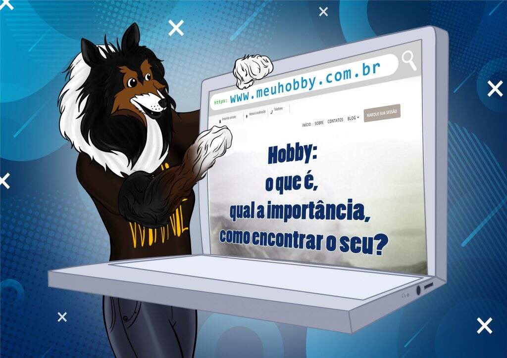 A Winnie (mascote do site), está segurando um notebook e fazendo a pesquisa para escolher um hobby.