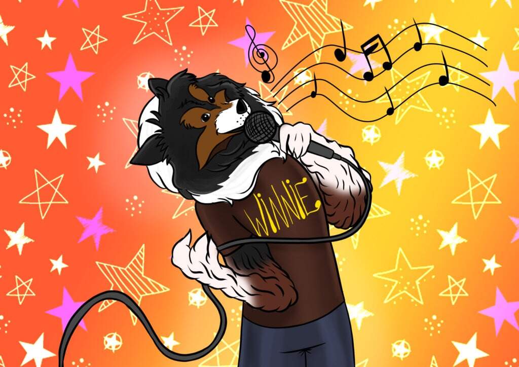 Winnie, a mascote do site, está segurando um microfone e soltando a voz. Na imagem tem as claves musicais para indicar que ela está cantando. Essa arte é para ilustrar o post sobre ter o canto como hobby.