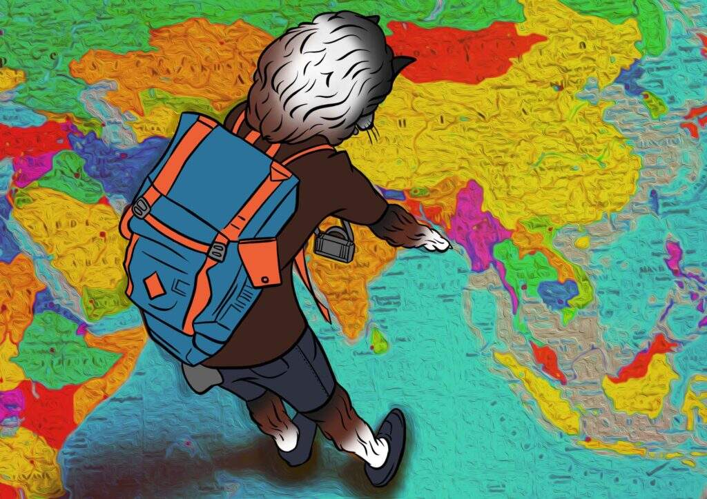 Winnie, a mascote do site, está em pé, com uma mochila nas costas. Observando o globo terrestre do alto, e escolhendo o seu próximo destino de viagem. Essa arte é para ilustrar o post sobre ter como hobby “viajar”.