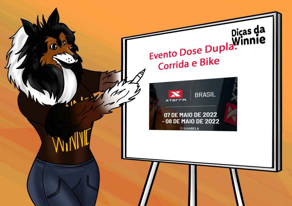 Winnie, a mascote do site, escrevendo em uma lousa, mais uma Dica. Dessa vez, é sobre o circuito XTerra em Ilhabela, litoral Norte de São Paulo. Essa arte foi desenvolvida para ilustrar o post sobre um evento dose dupla, pois é indicado para quem pratica a Corrida ou Mountain bike como hobby.