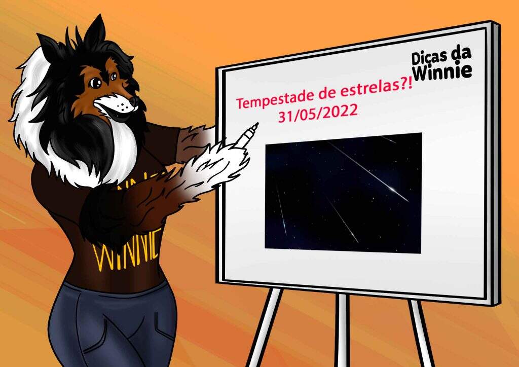 : Dicas da Winnie sobre eventos de astronomia e astrofotografia - Nesta arte a Winnie está em pé ao lado de um flipchart, escrevendo sobre uma chuva de meteoro, que poderá se transformar em uma “tempestade” de estrelas cadente.