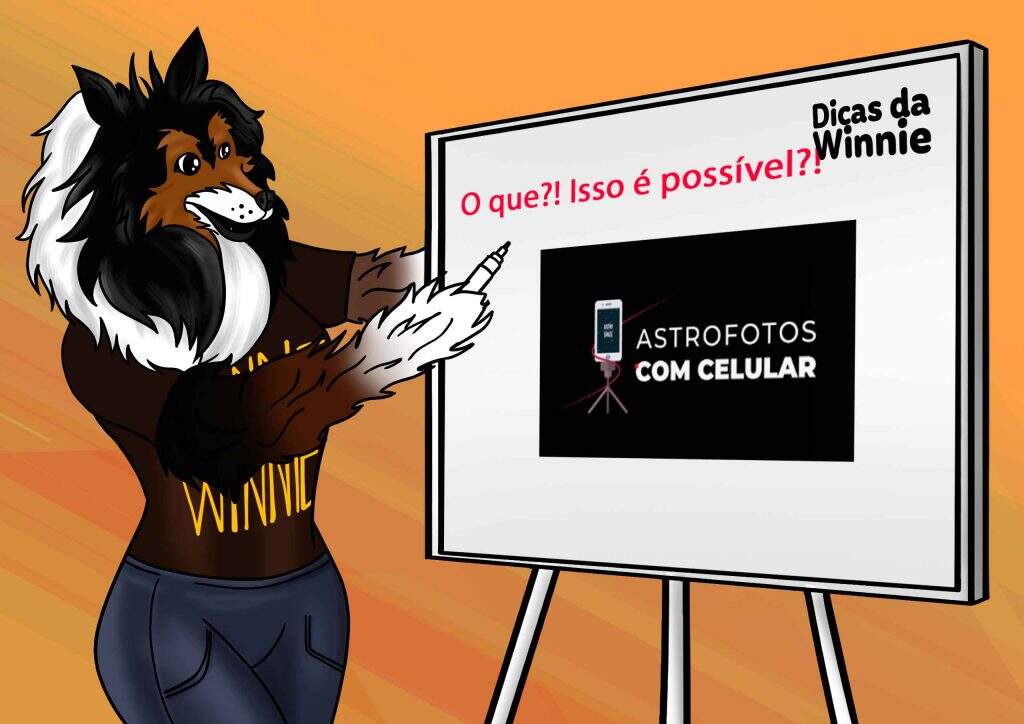 Dicas da Winnie sobre eventos para astronomia e astrofotografia- Nesta arte a Winnie está em pé ao lado de um flipchart, escrevendo sobre um curso do canal Astro Space, chamado “Astrofotos com celular”!