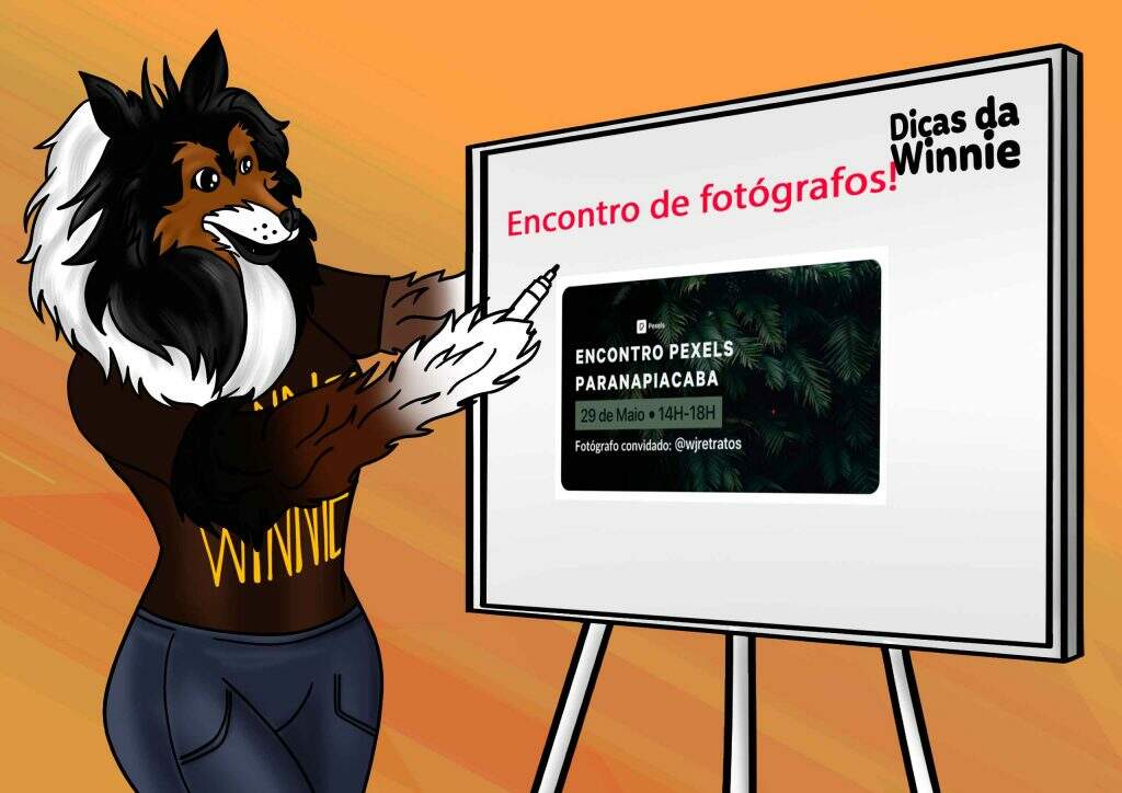 Dicas da Winnie sobre eventos de fotografia - Nesta arte a Winnie está em pé ao lado de um flipchart, escrevendo sobre um encontro entre fotógrafos que acontecerá em Paranapiacaba.