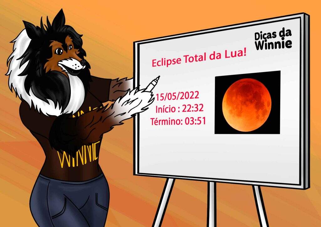 Dicas da Winnie sobre eventos para astronomia e astrofotografia- Nesta arte a Winnie está em pé ao lado de um flipchart, escrevendo sobre o Eclipse total da Lua – dia 15 de maio de 2022, e exibindo uma foto de um eclipse total da Lua.