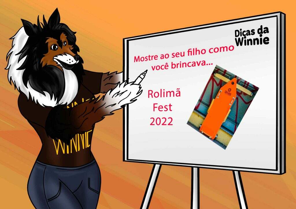 Dicas da Winnie sobre o evento Rolimã Fest 2022 - Nesta arte a Winnie está em pé ao lado de um flipchart, escrevendo sobre a edição do Rolimã Fest de 2022. No título da dica está escrito: “Mostre ao seu filho como você brincava...”. E do lado direito tem uma foto de um carrinho de rolimã.