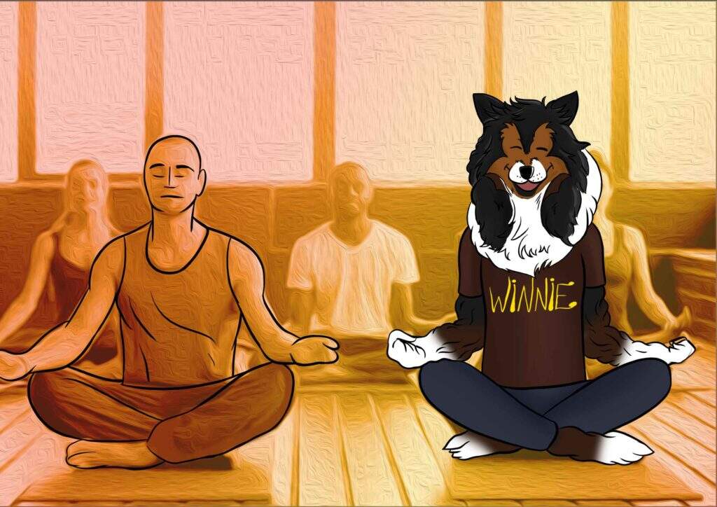 Winnie, a mascote do site, está sentada no chão, no lado direito de uma sala, na posição tradicional de meditação. Essa arte é para ilustrar o post sobre ter como hobby a prática do “Yoga”.