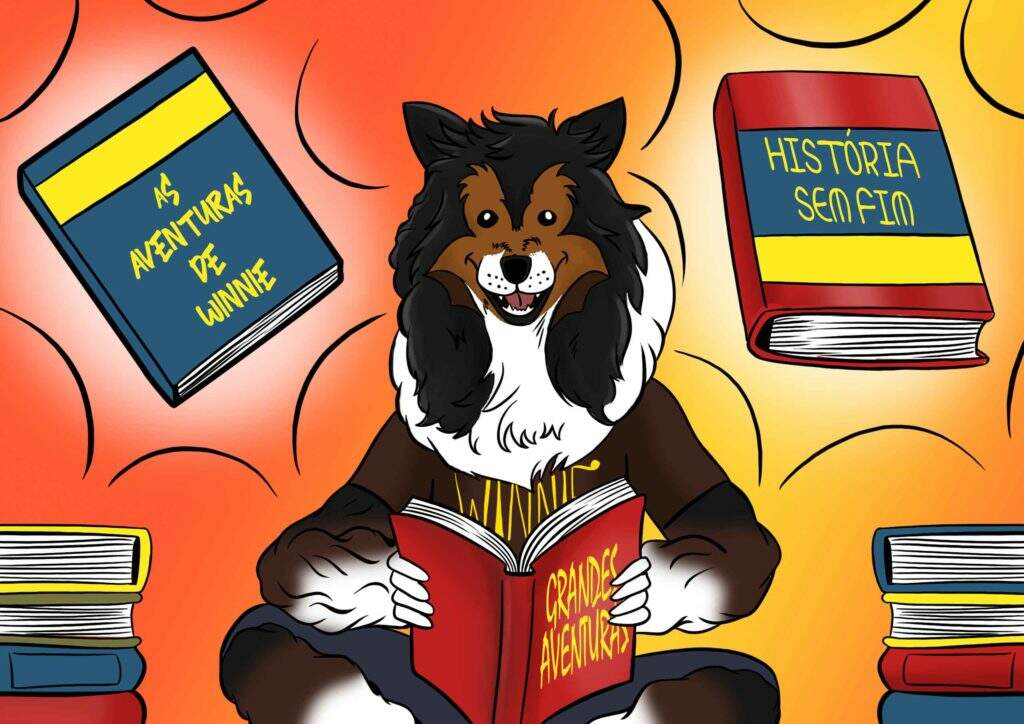 Winnie, a mascote do site, está sentada no chão com as pernas cruzadas, segurando e lendo um livro chamado “Grandes Aventuras”. No cenário existem pilhas de livros dos dois lados, e no alto, em volta da sua cabeça temos no canto superior esquerdo um livro com o título “as aventuras da Winnie” e no direito o título do livro é História sem Fim. Essa arte é para ilustrar o post sobre ter como hobby a “Leitura”.