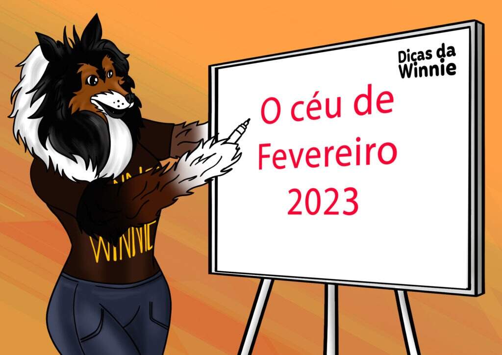 : Dicas da Winnie sobre eventos de astronomia - Nesta arte a Winnie está em pé ao lado de um flipchart, escrevendo sobre os eventos do Céu de Fevereiro/2023.